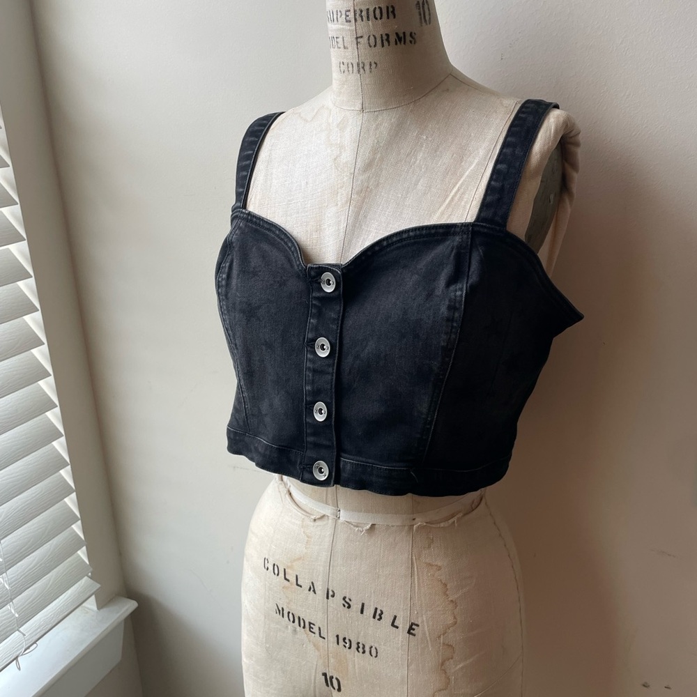 Black Button-Up Denim Crop Top